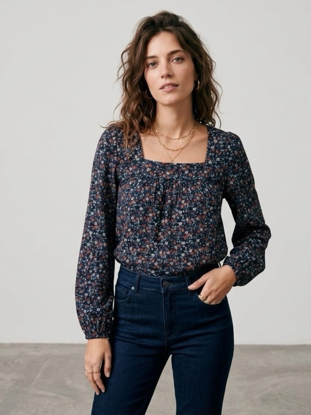 Lucky Brand Floral Square Neck Long Sleeve Blouse Navy Ditsy Print Peasant Top